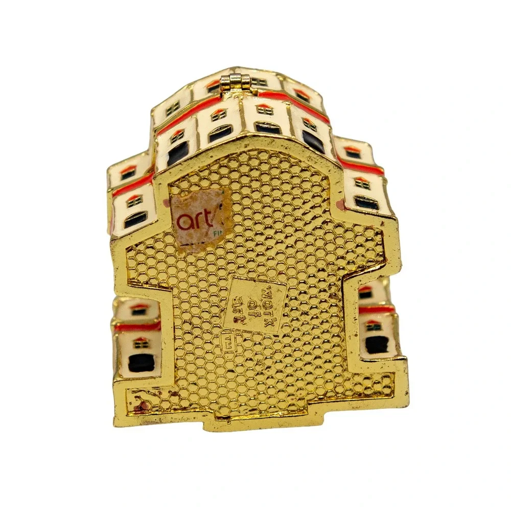 Work of Art Enameled Cathedral Trinket Box Gold Tone Crystal Jeweled Hinged Case